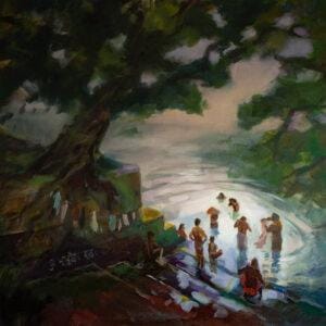 Spirituelles Ölgemälde mit Landschaft am Ganges in Indien