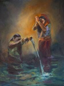 Spirituelles Ölgemälde mit betenden indischen Frauen am Ganges