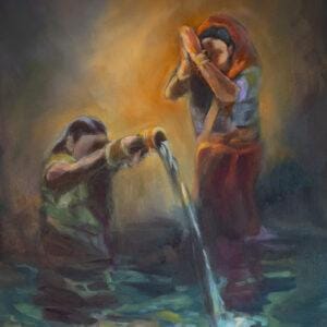 Spirituelles Ölgemälde mit betenden indischen Frauen am Ganges